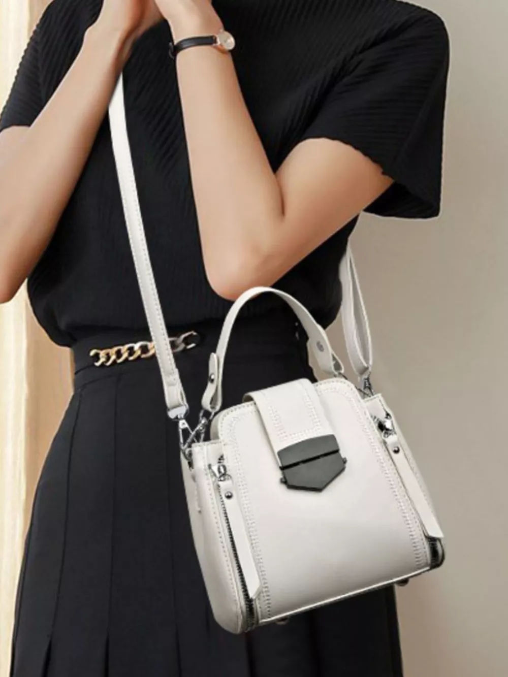 Leather Bucket Crossbody Bag, image 9