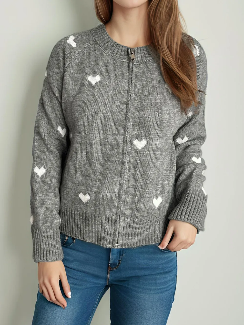 Heart Round Neck Zip Up Cardigan, image 8