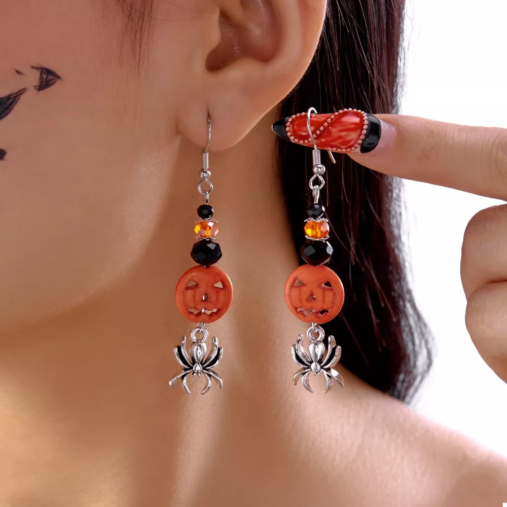 Halloween Spider Pumpkin Drop Earrings