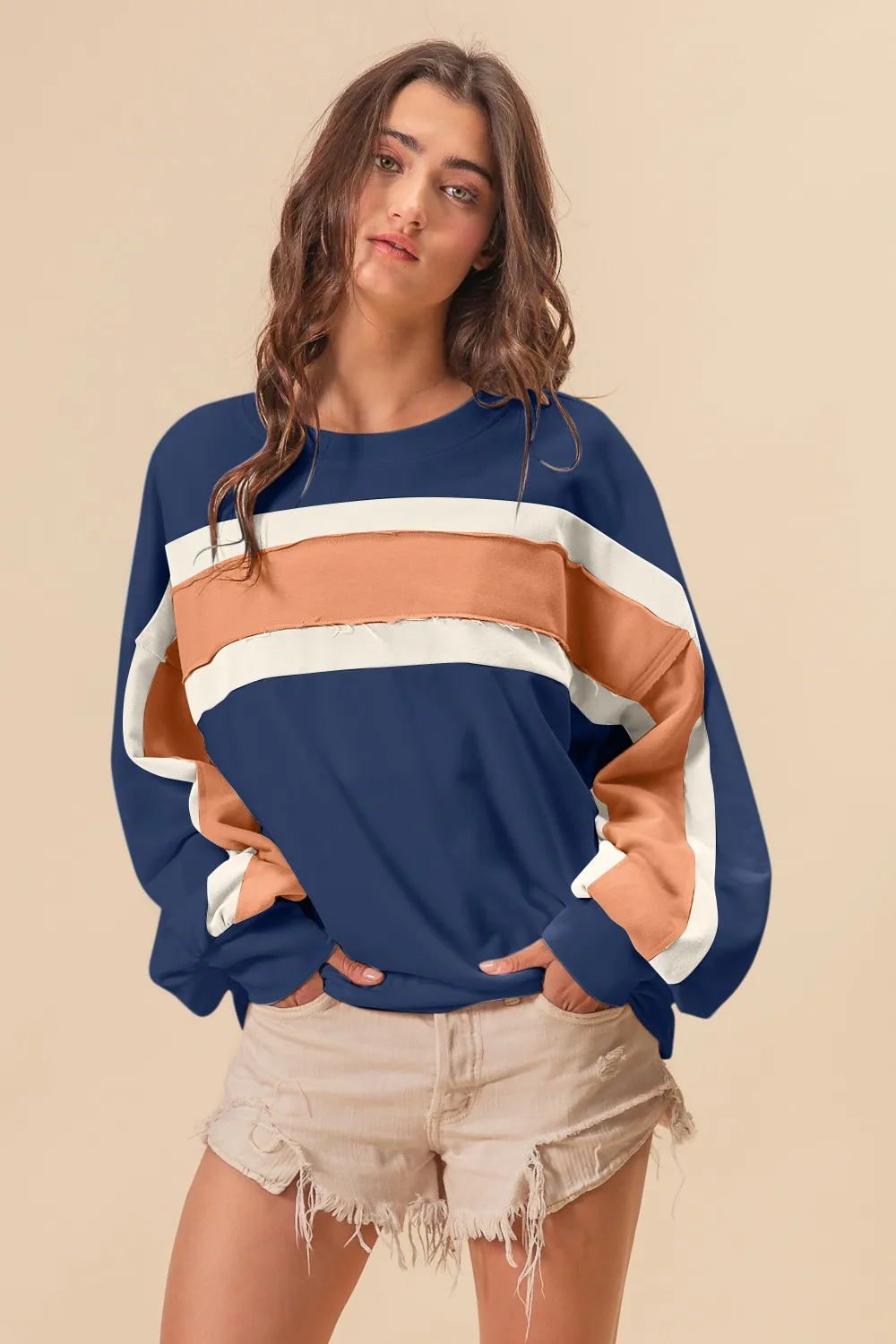 French Terry Color Block Cut Edge Detail Sweatshirt, image 3