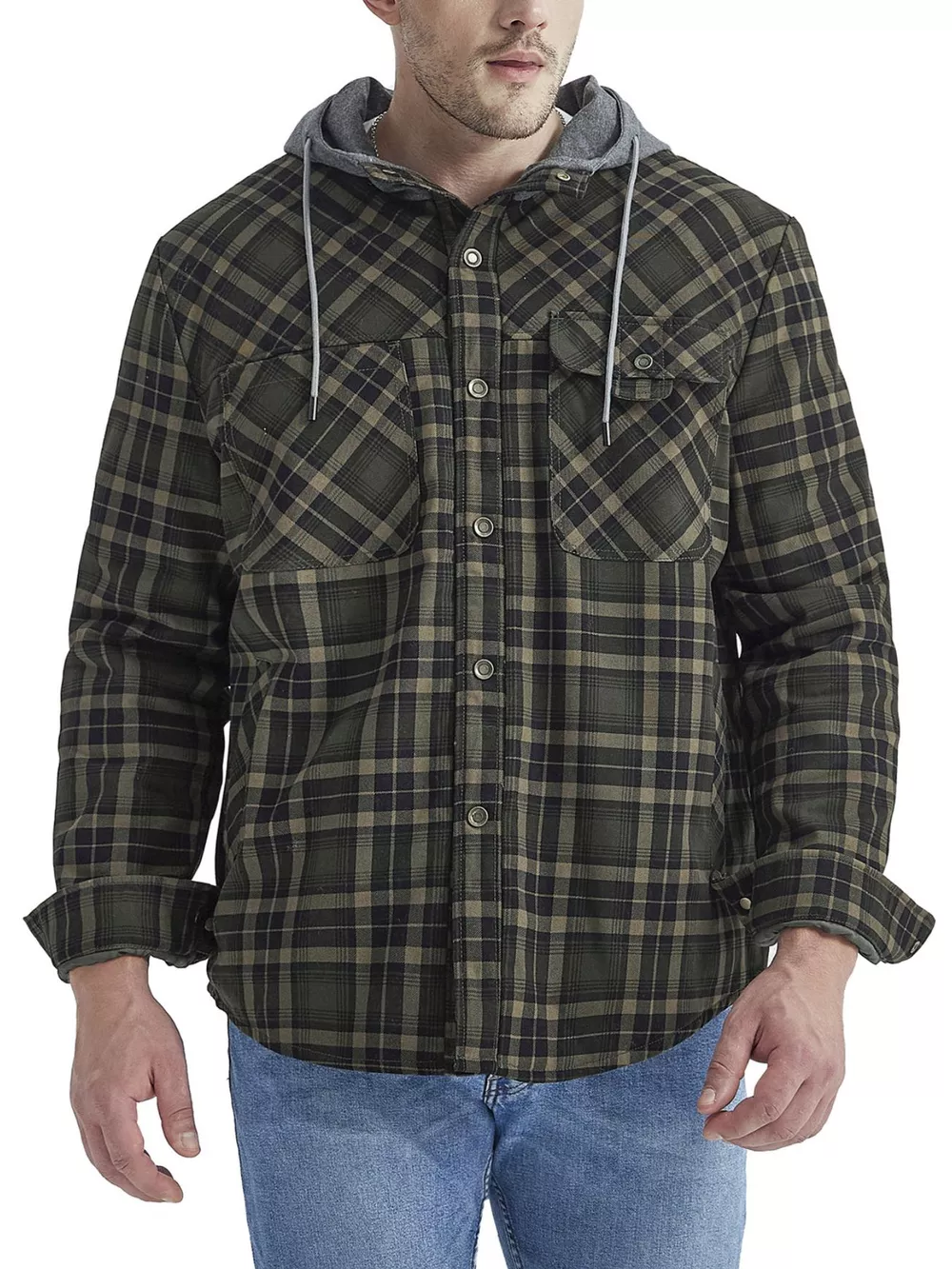Men's Snap Down Hooded Plaid Shacket, image 7