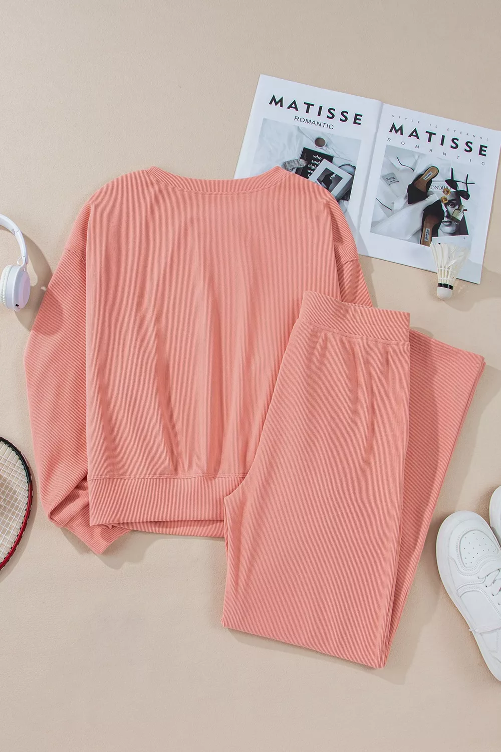 Ribbed Round Neck Top and Pants Set, image 8