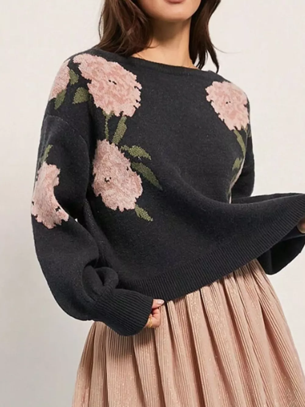 Floral Boat Neck Long Sleeve Sweater, image 5