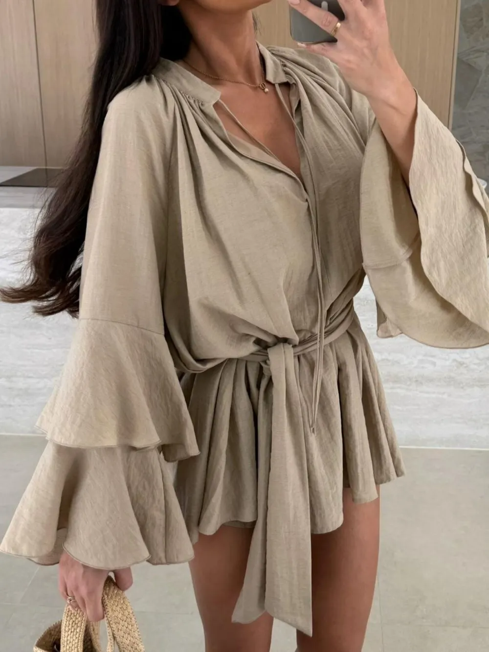 Bell Sleeve Tie Waist Mini Shirt Dress, image 10