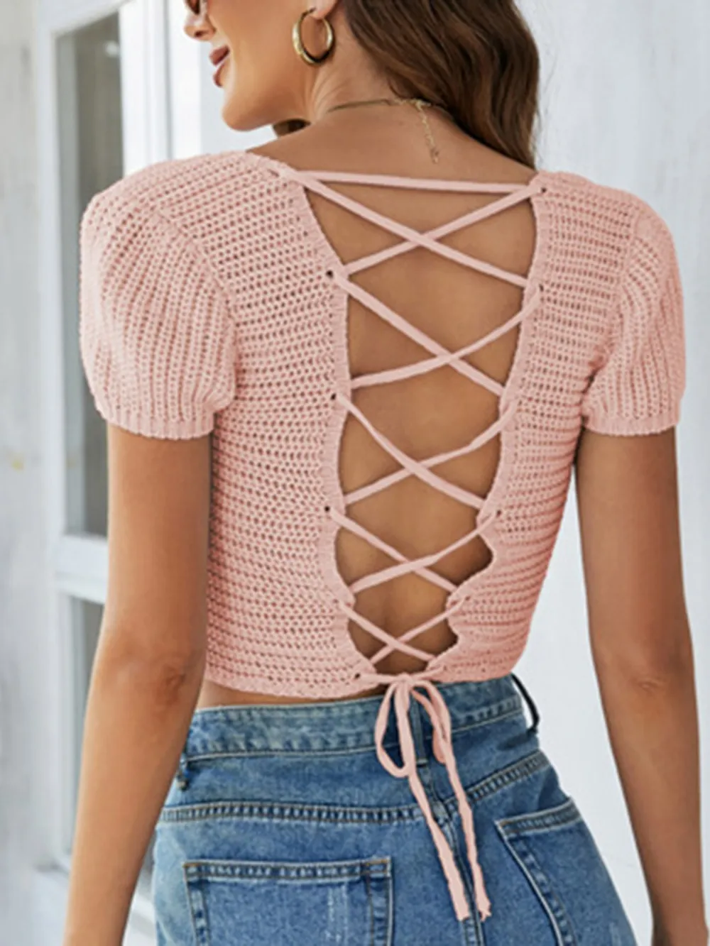 Lace-Up Openwork Square Neck Sweater, image 18