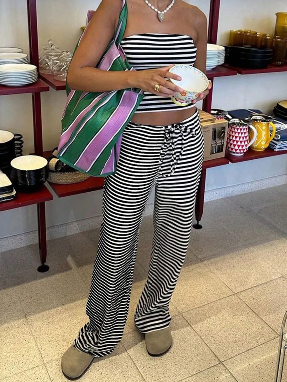 Striped Tube Top and Pants Set