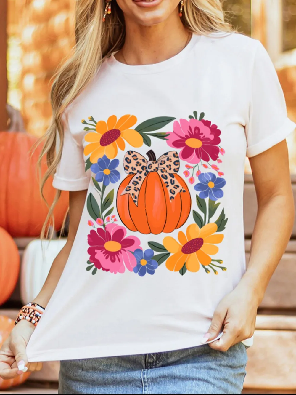 Pumpkin Floral Graphic Round Neck T-Shirt, image 2