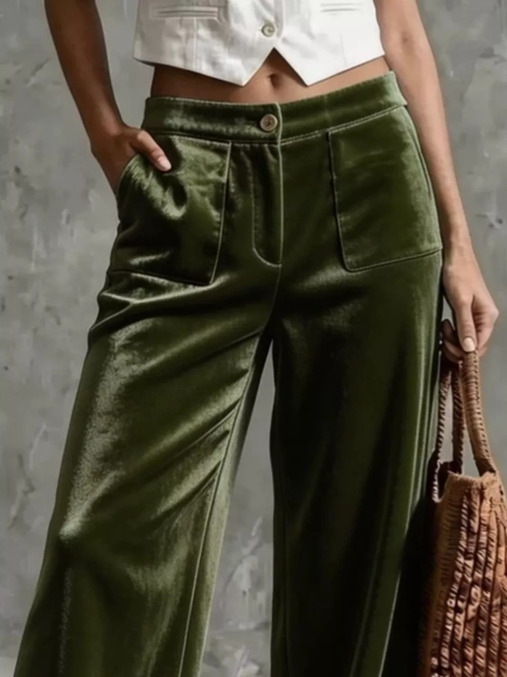 Full Size High-Waisted Wide-Leg Velvet Pants with Front Pockets Plus Size, image 4