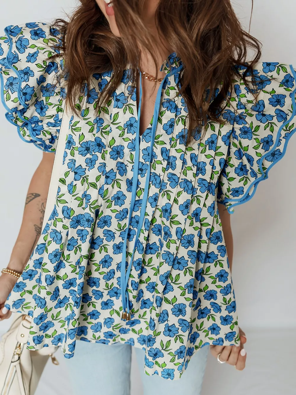 Floral Print Ruffle Sleeve Tie Neck Blouse, image 5