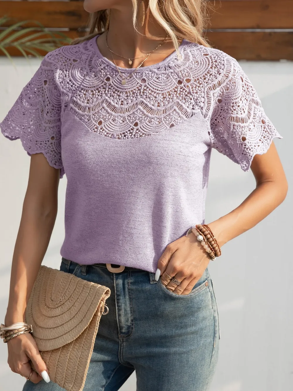 Round Neck Short Sleeve Crochet Top, image 3