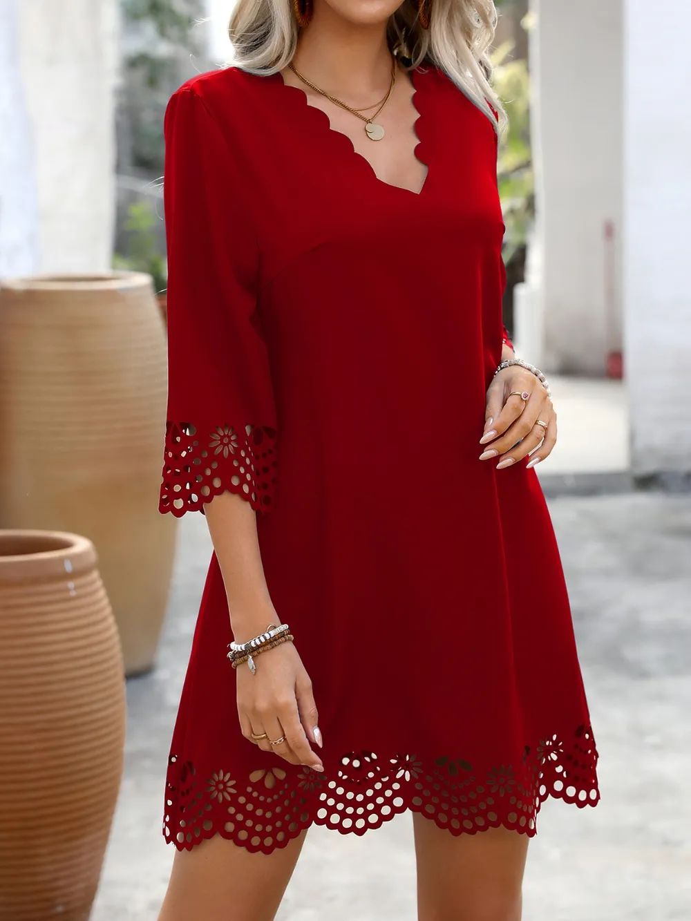 Cutout V-Neck Three-Quarter Sleeve Mini Dress, image 6