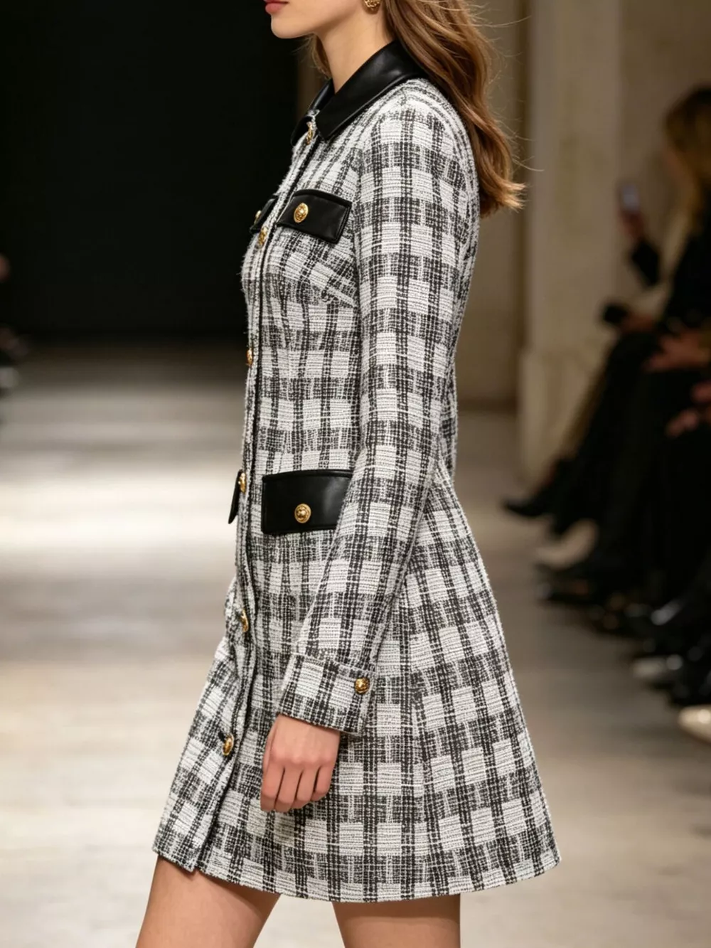 Long Sleeve Plaid Tweed Button-Down Mini Dress, image 2