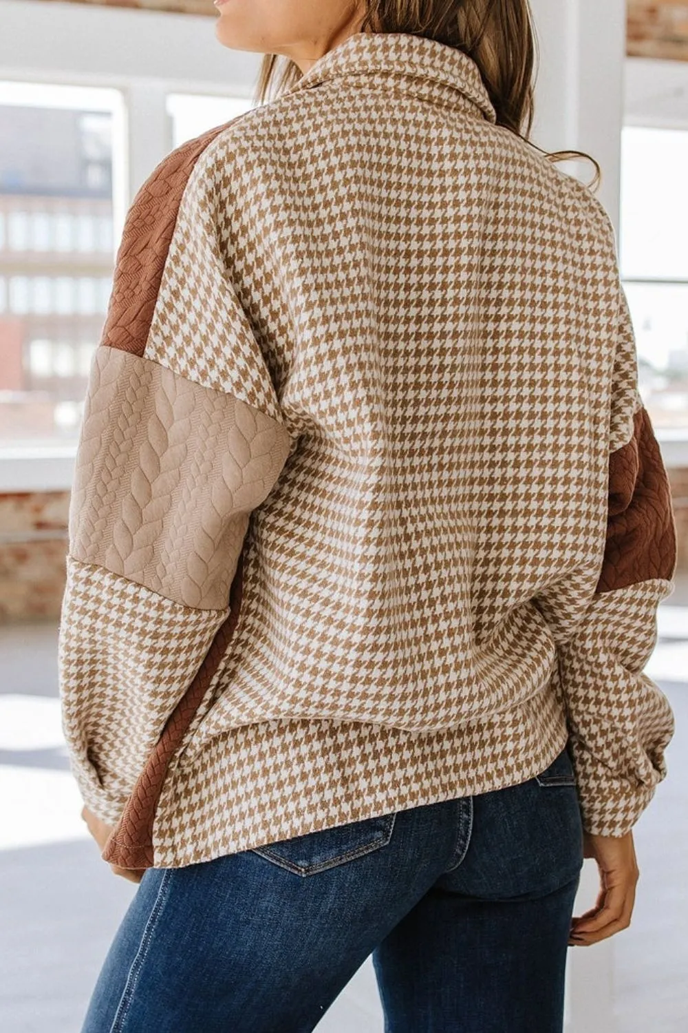 Color Block Houndstooth Collared Neck Shacket, image 10