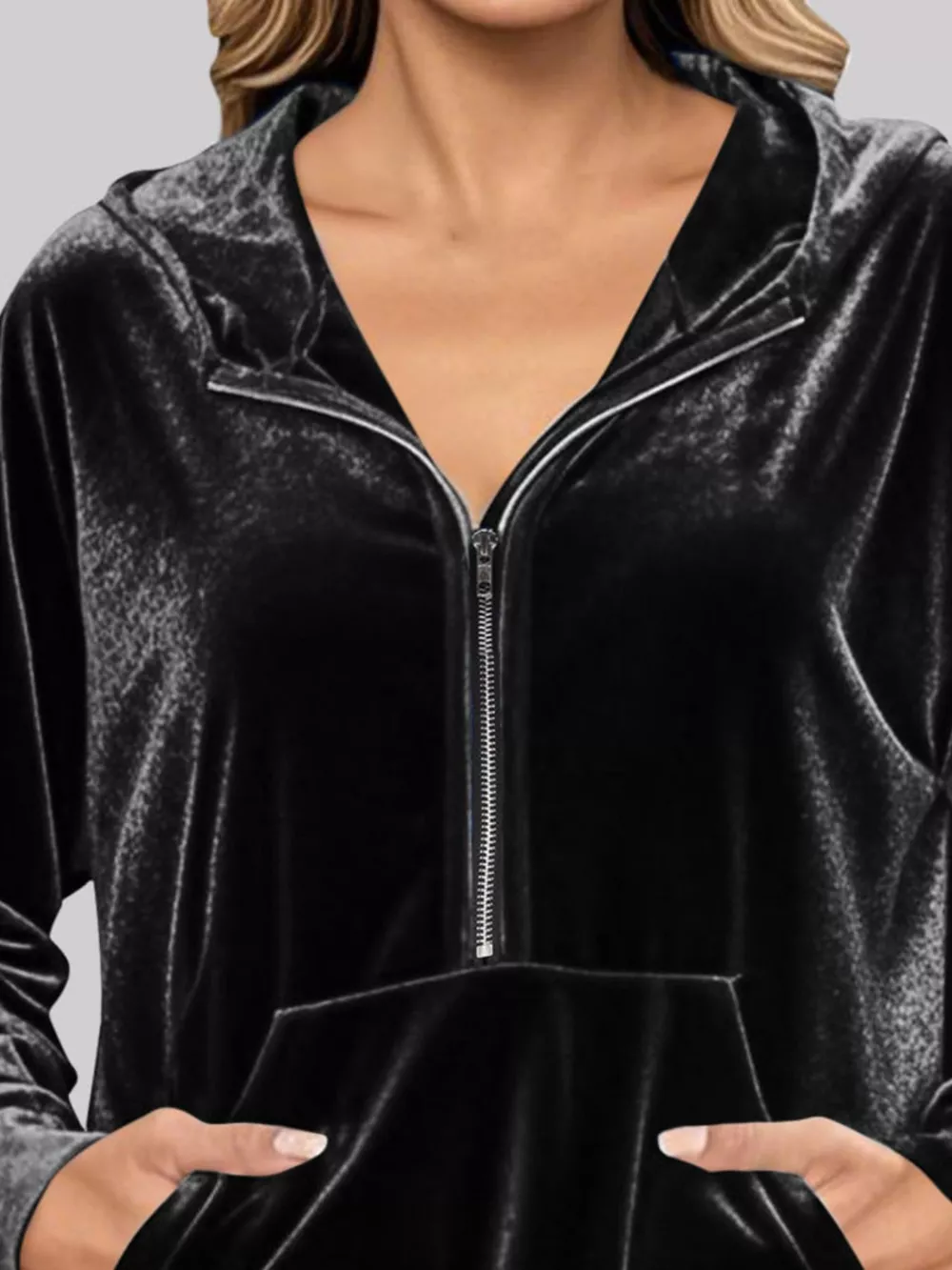Full Size Velvet Half Zip Hoodie with Kangaroo Pocket Plus Size, image 8