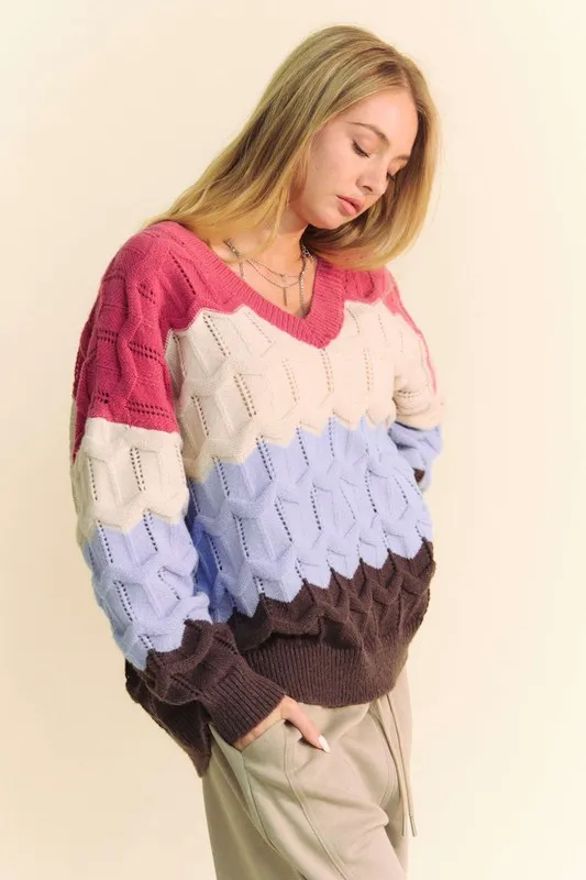 Wavy Texture Color Block V-Neck Sweater, image 3