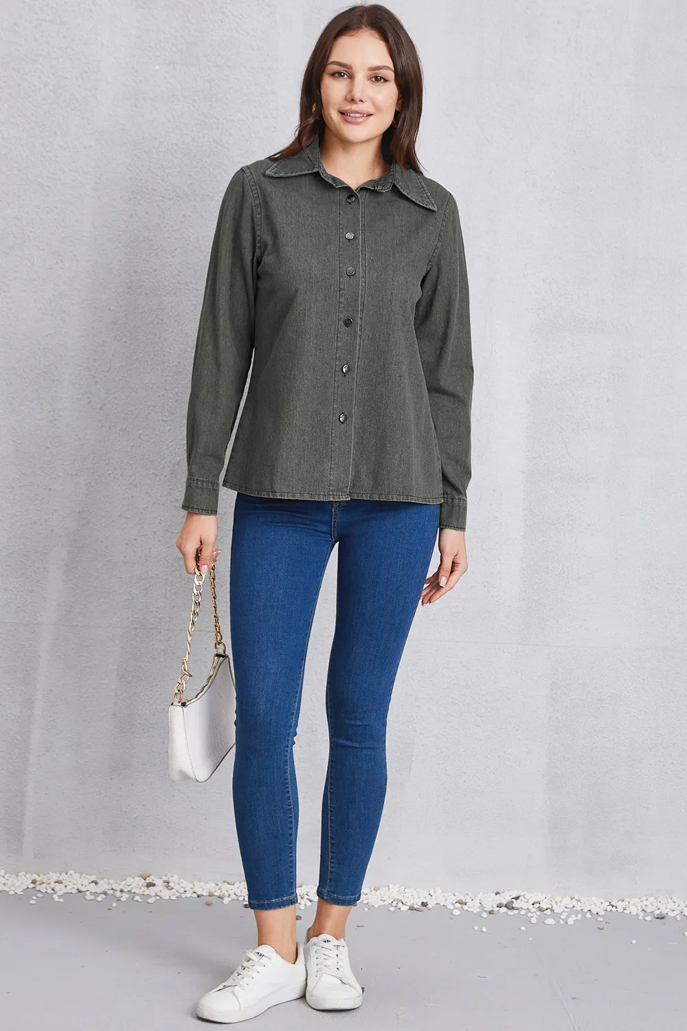Collared Neck Button Up Denim Top, image 6