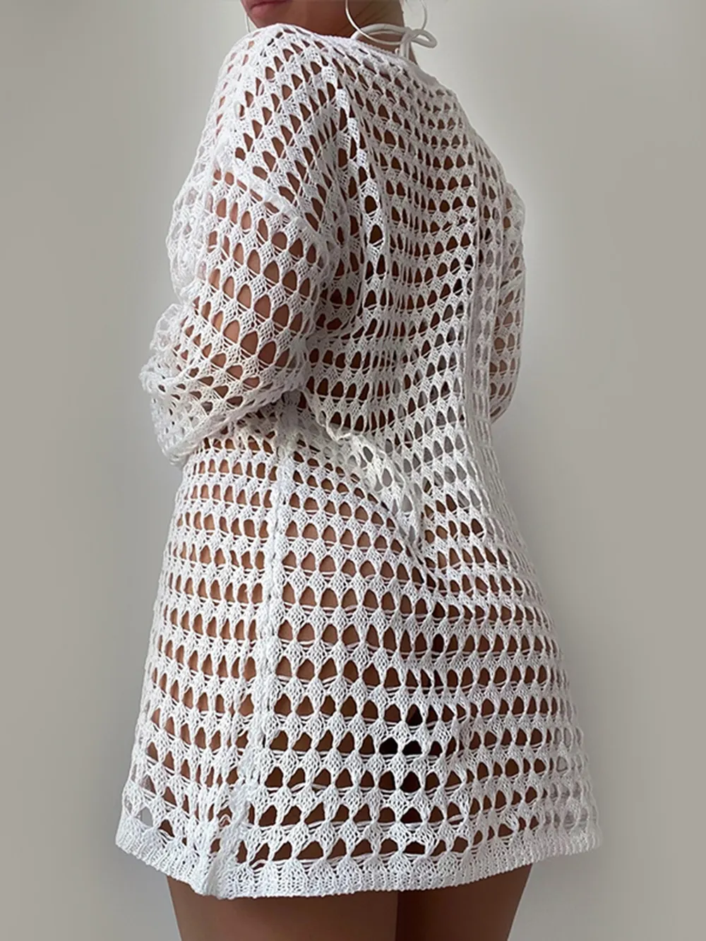 Openwork Boat Neck Long Sleeve Cover-Up, image 3