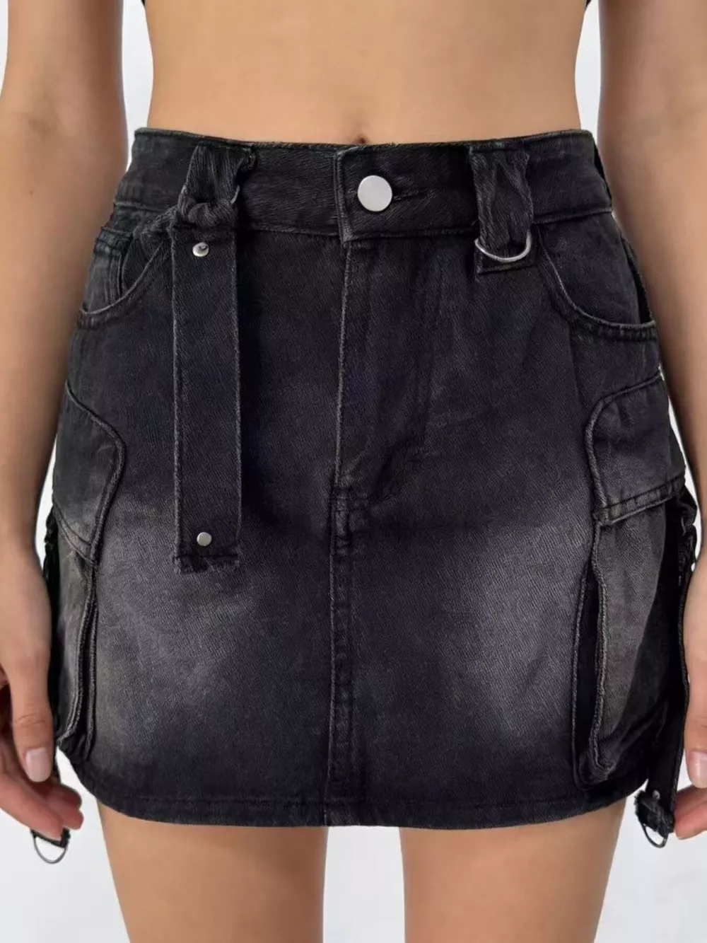Washed Cargo Denim Skirt, image 7