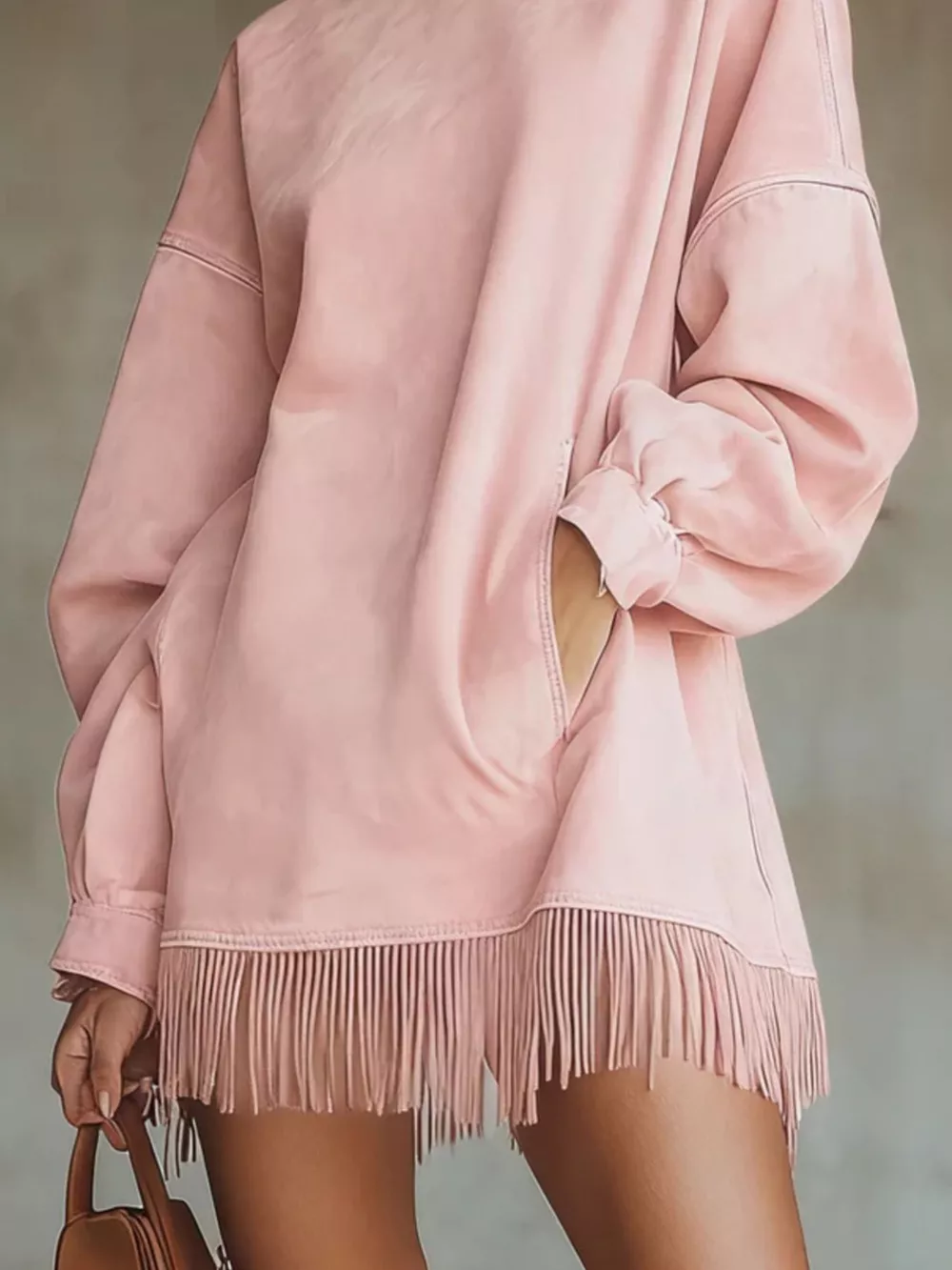 Full Size Mock Neck Fringed Hem Long Sleeve Mini Dress Plus Size, image 3