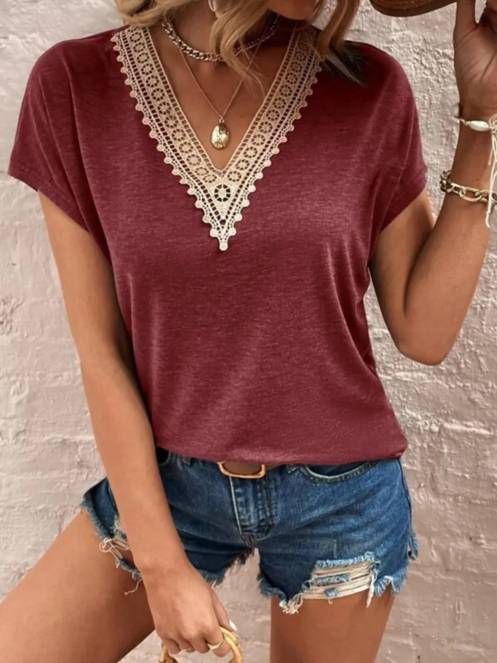Full Size Lace Detail V-Neck Short Sleeve T-Shirt, image 11