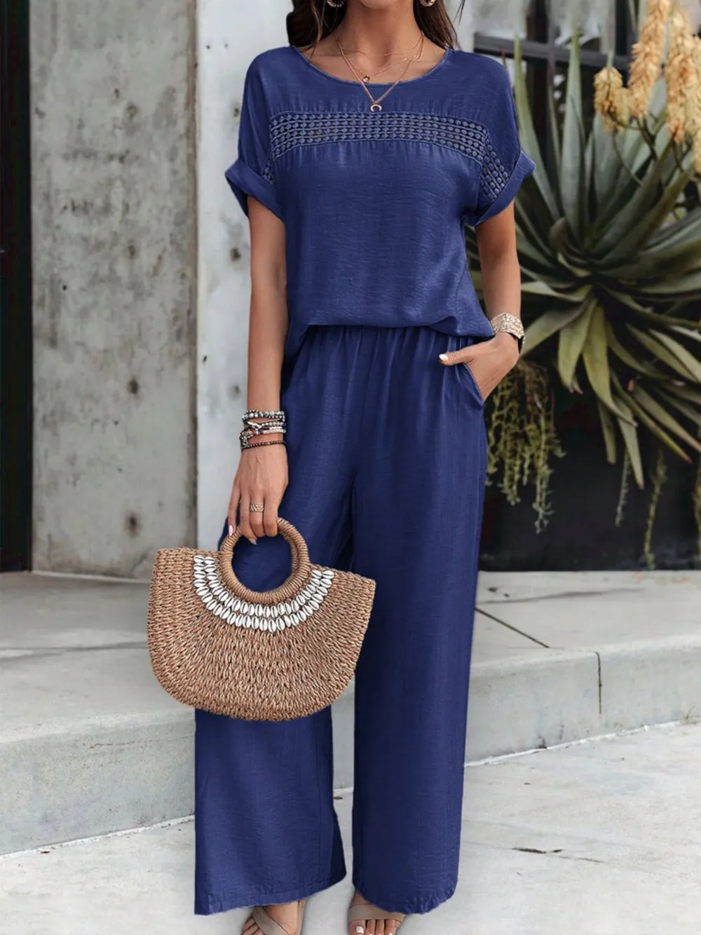 Round Neck Short Sleeve Top and Pants Set, image 7