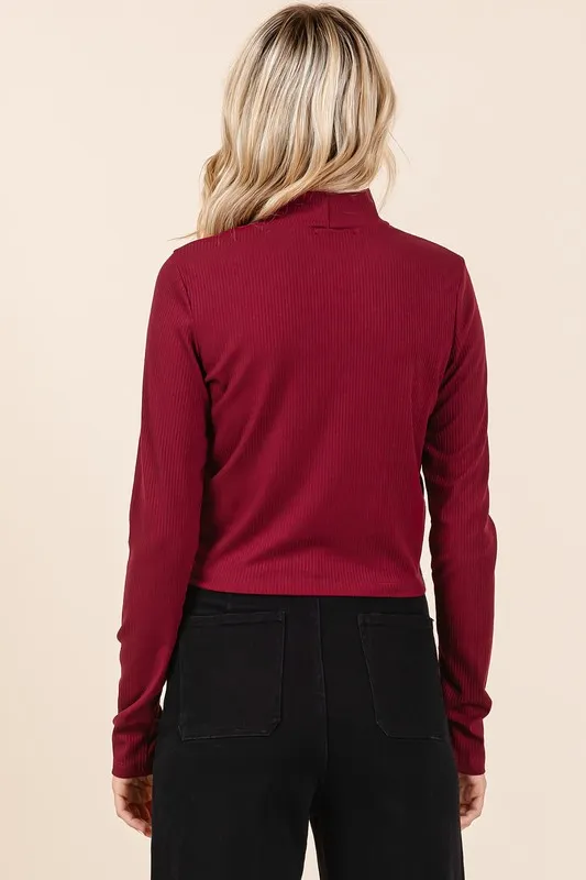 Mock Neck Rib Knit Long Sleeve Crop Top, image 2