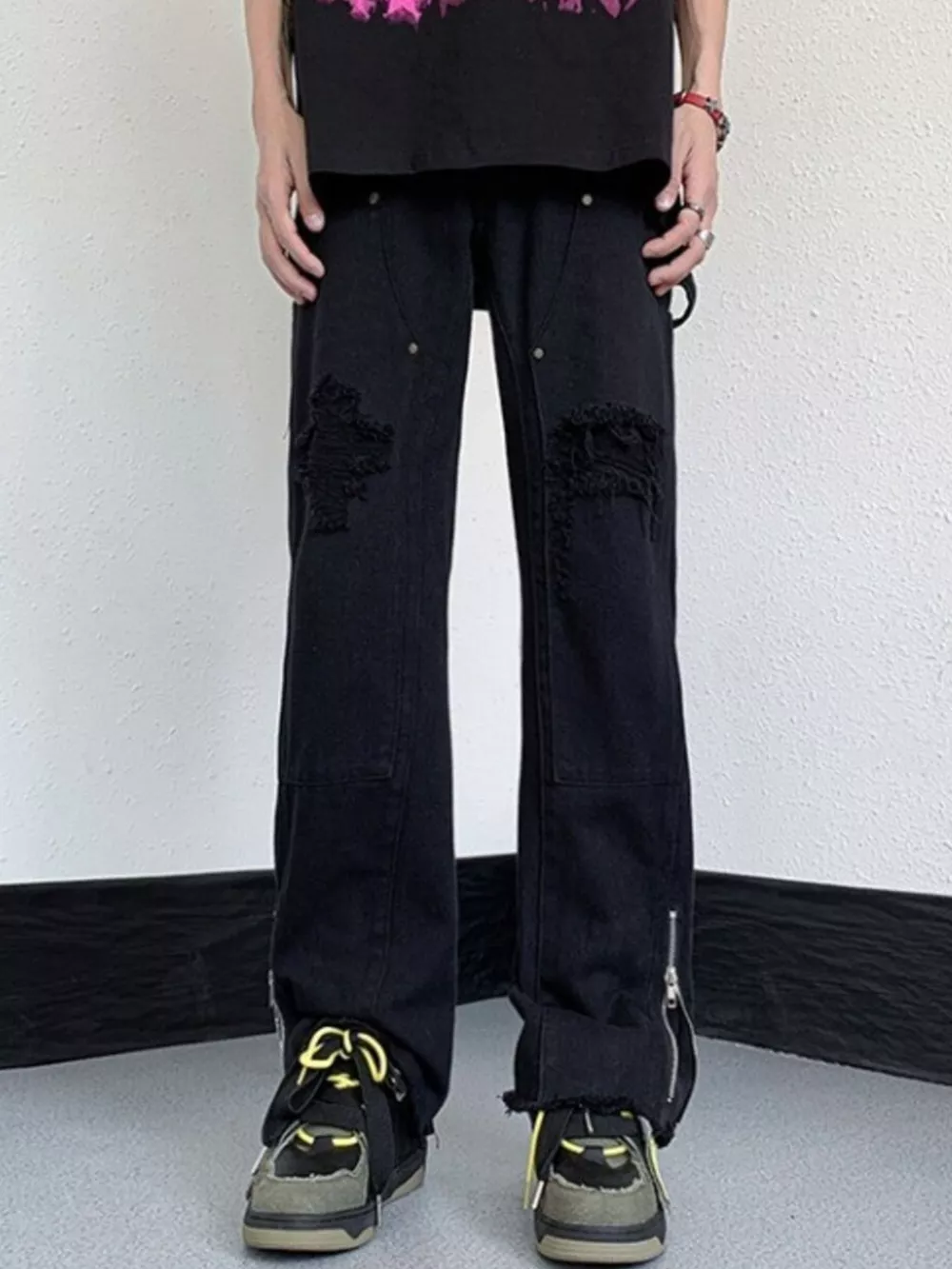 Men's Distressed Raw Hem Wide Leg Jeans