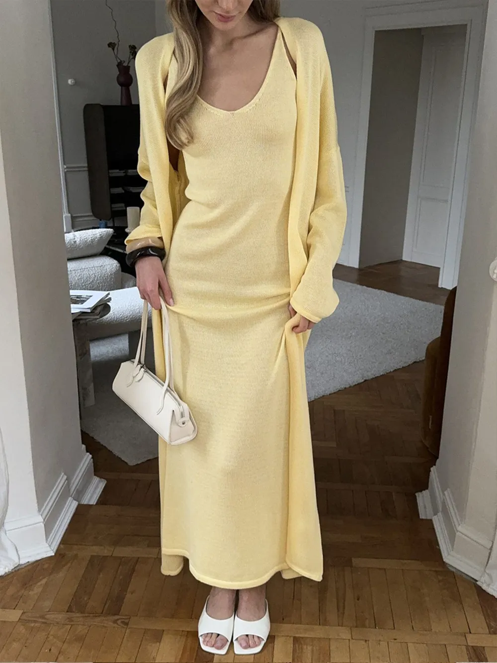V-Neck Knit Dress and Cardigan Sweater Set, image 2