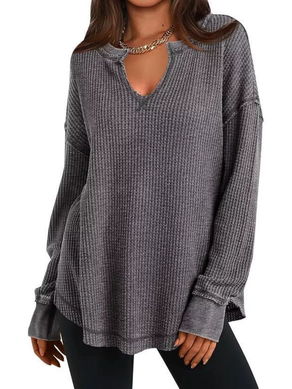 Slit Notched Long Sleeve T-Shirt, image 6