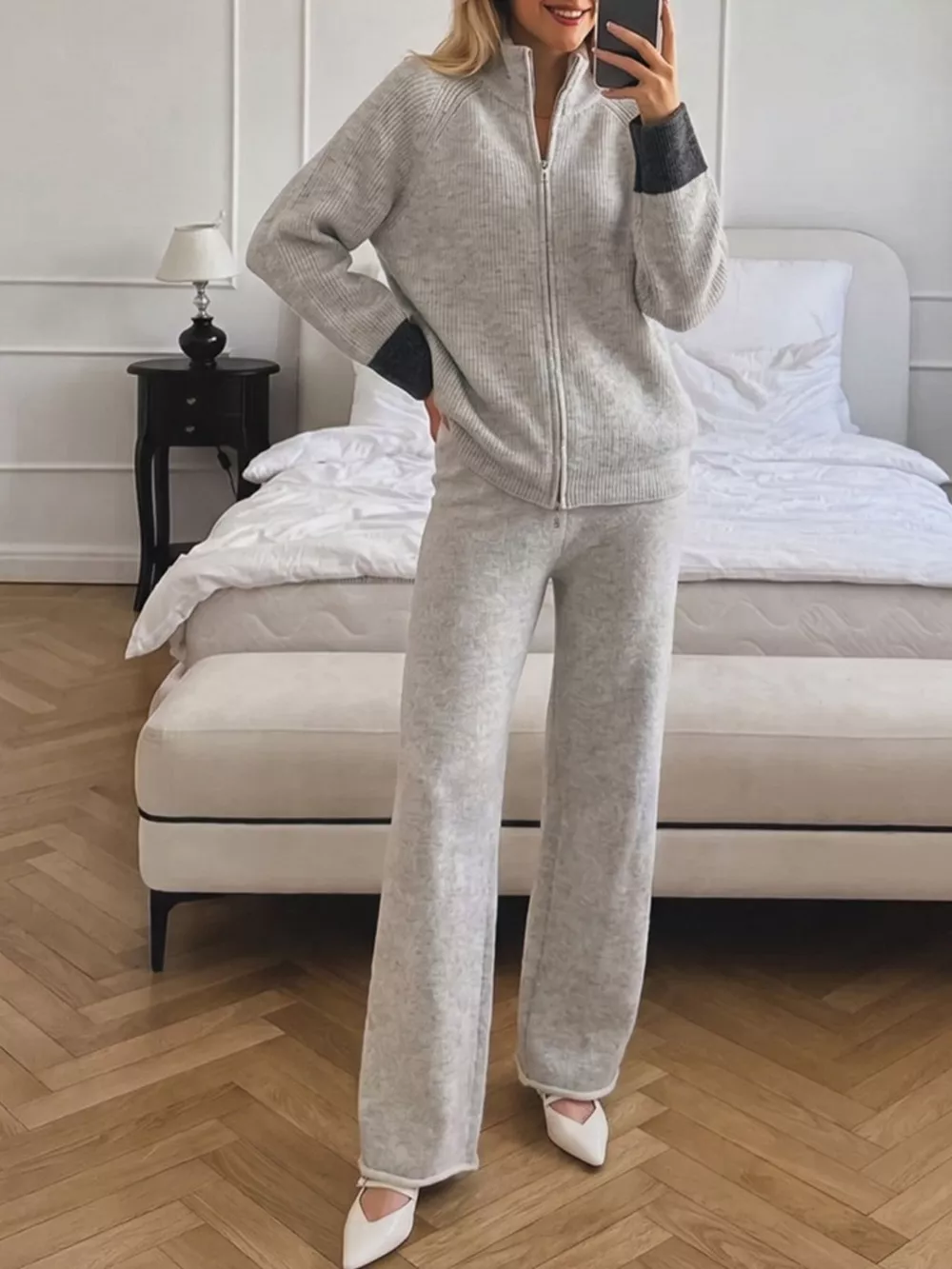 Zip-Up Contrast Cuff Cardigan and Pants Sweater Set, image 7