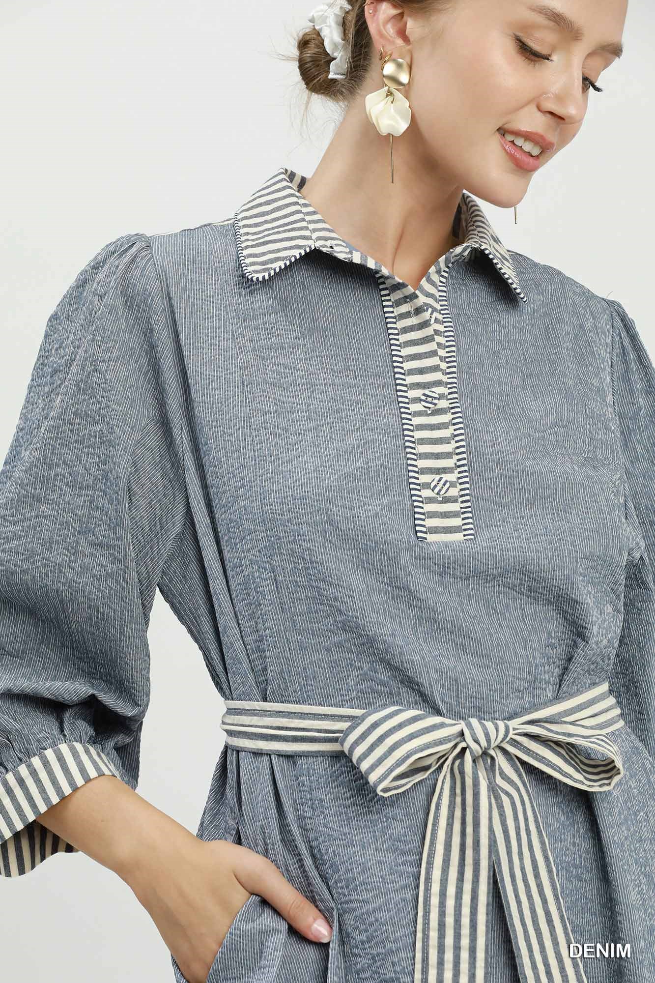 Striped Contrast Belted Puff Sleeve Mini Dress, image 6