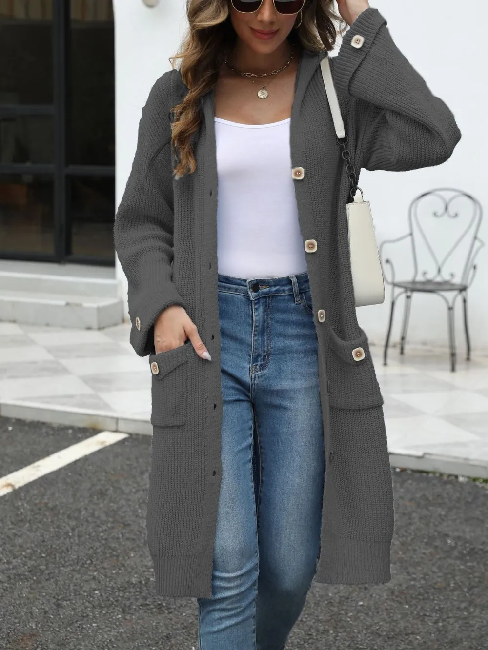 Pocketed Button Up Long Sleeve Hooded Cardigan, image 23