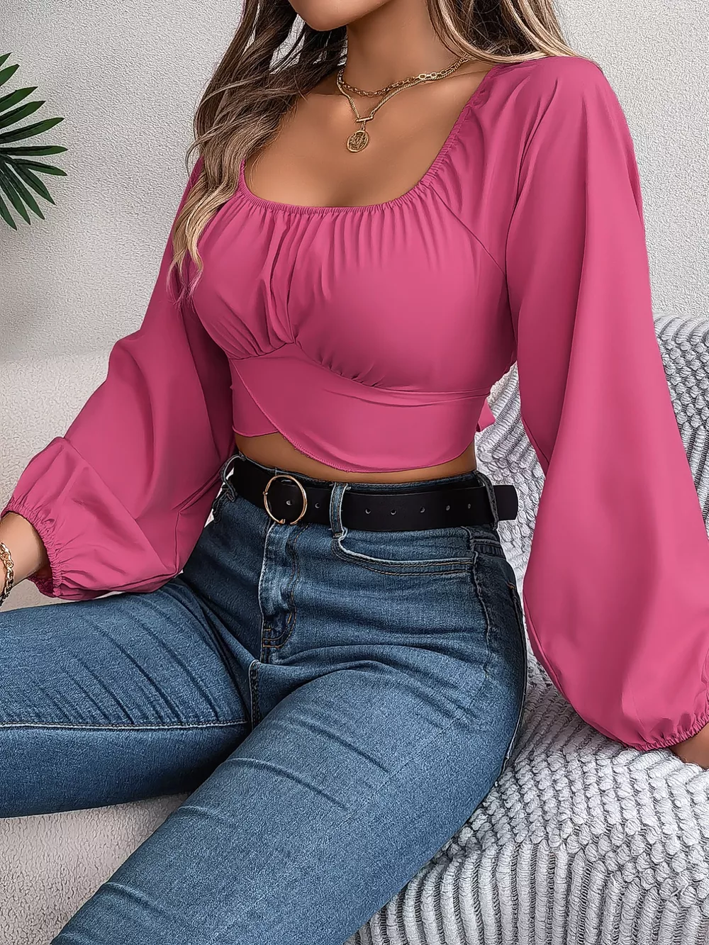 Scoop Neck Balloon Sleeve Cropped Blouse, image 3