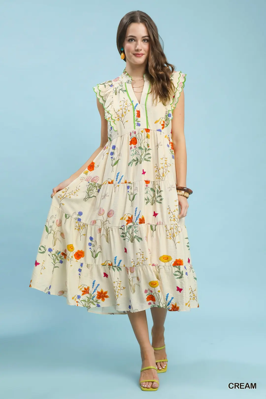 Floral Ruffle Tiered Midi Dress with Scalloped Detail
