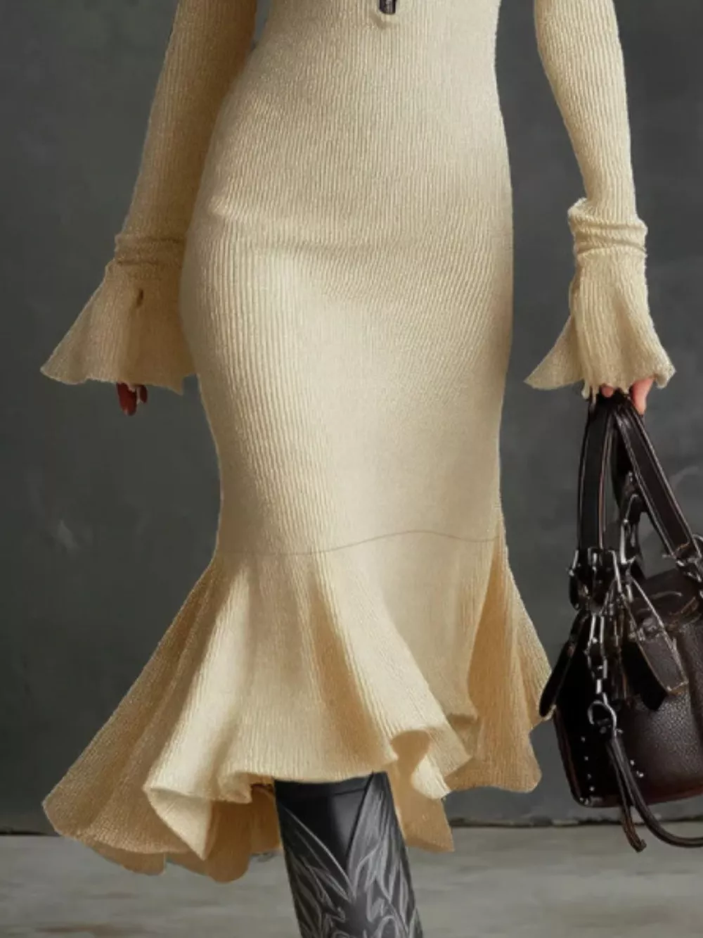 Ribbed Knit Zip Front Flare Hem Midi Dress, image 18