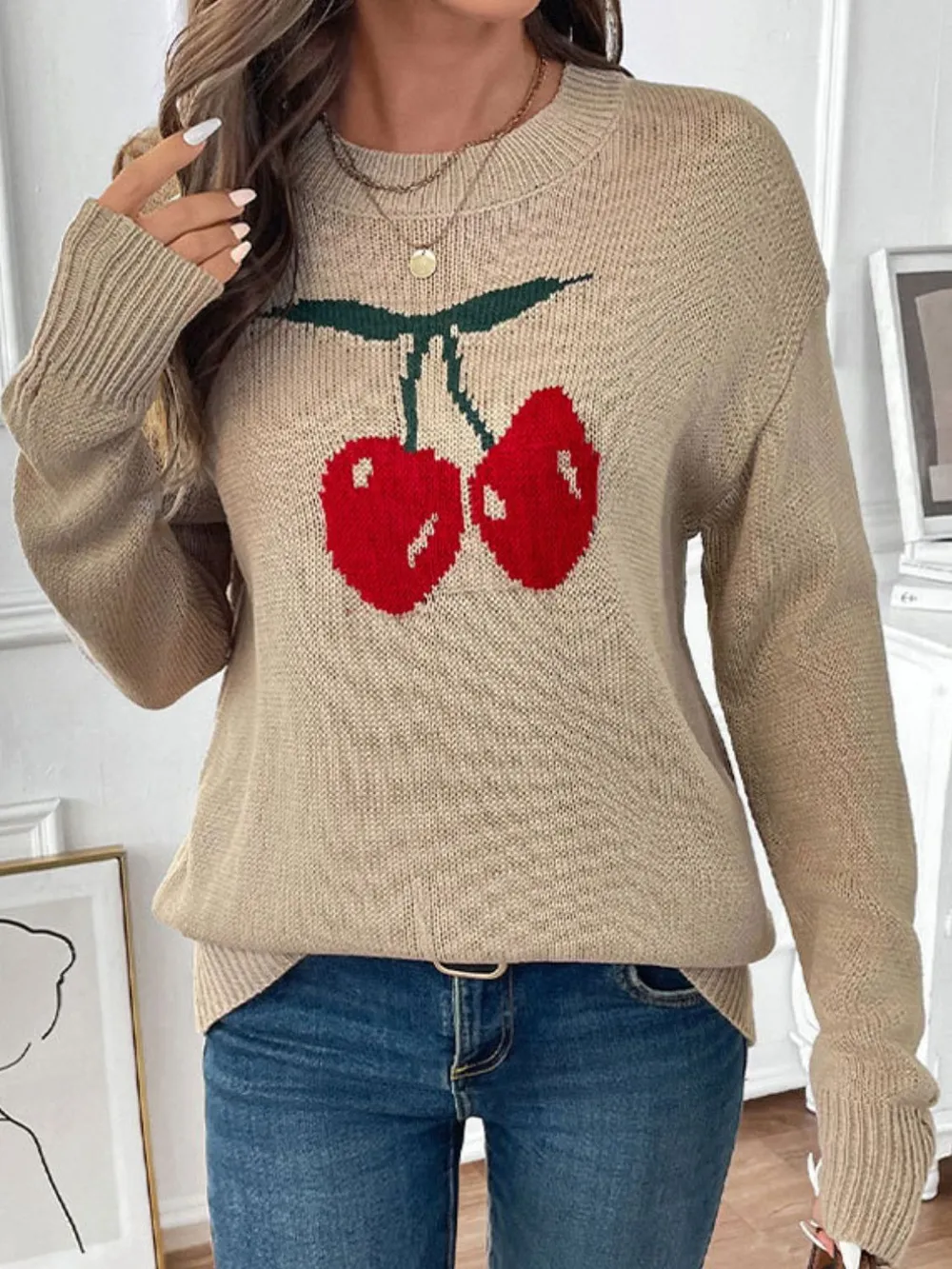 Cherry Round Neck Long Sleeve Sweater, image 4