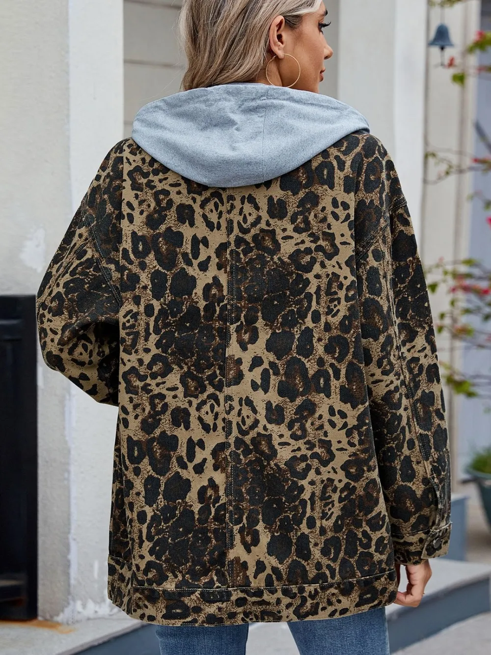 Leopard Button Up Drop Shoulder Denim Jacket, image 4