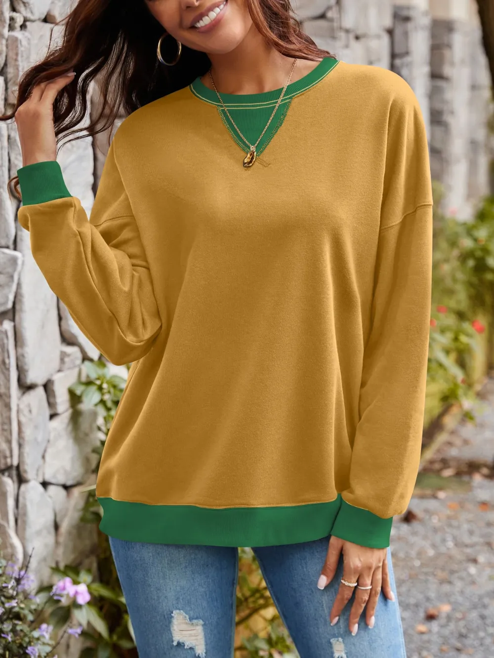 Contrast Round Neck Long Sleeve Sweatshirt, image 5