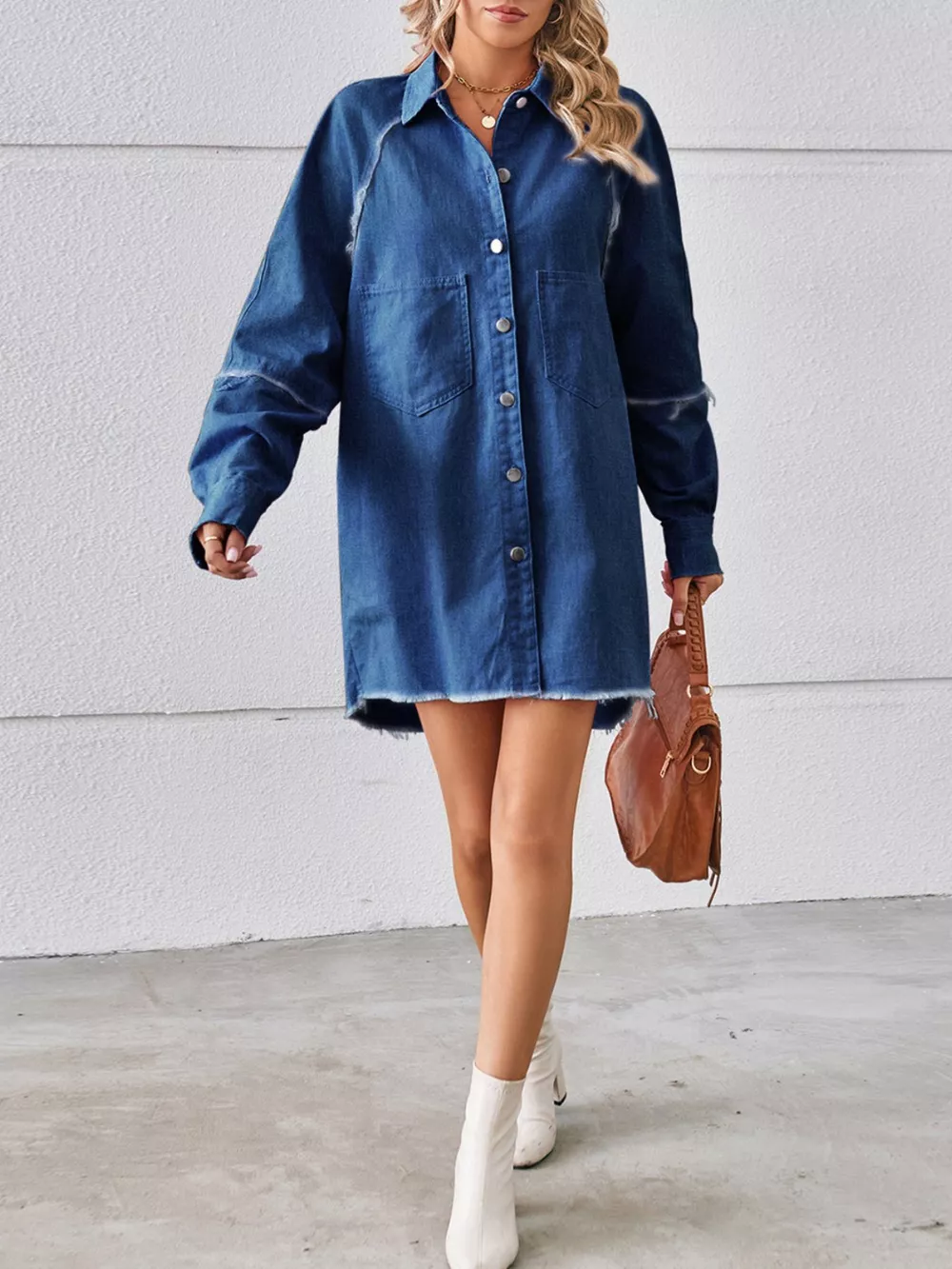 Button-Down Raw Hem Denim Dress, image 7