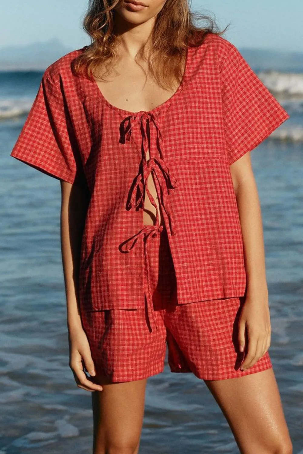 Plaid Tied Scoop Neck Short Sleeve Top and Drawstring Shorts Set, image 3