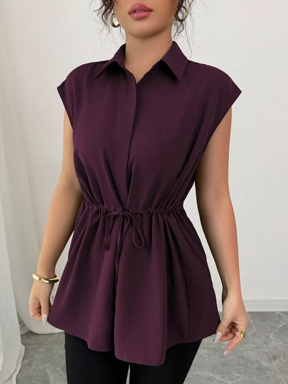 Drawstring Waist Cap Sleeve Shirt, image 18