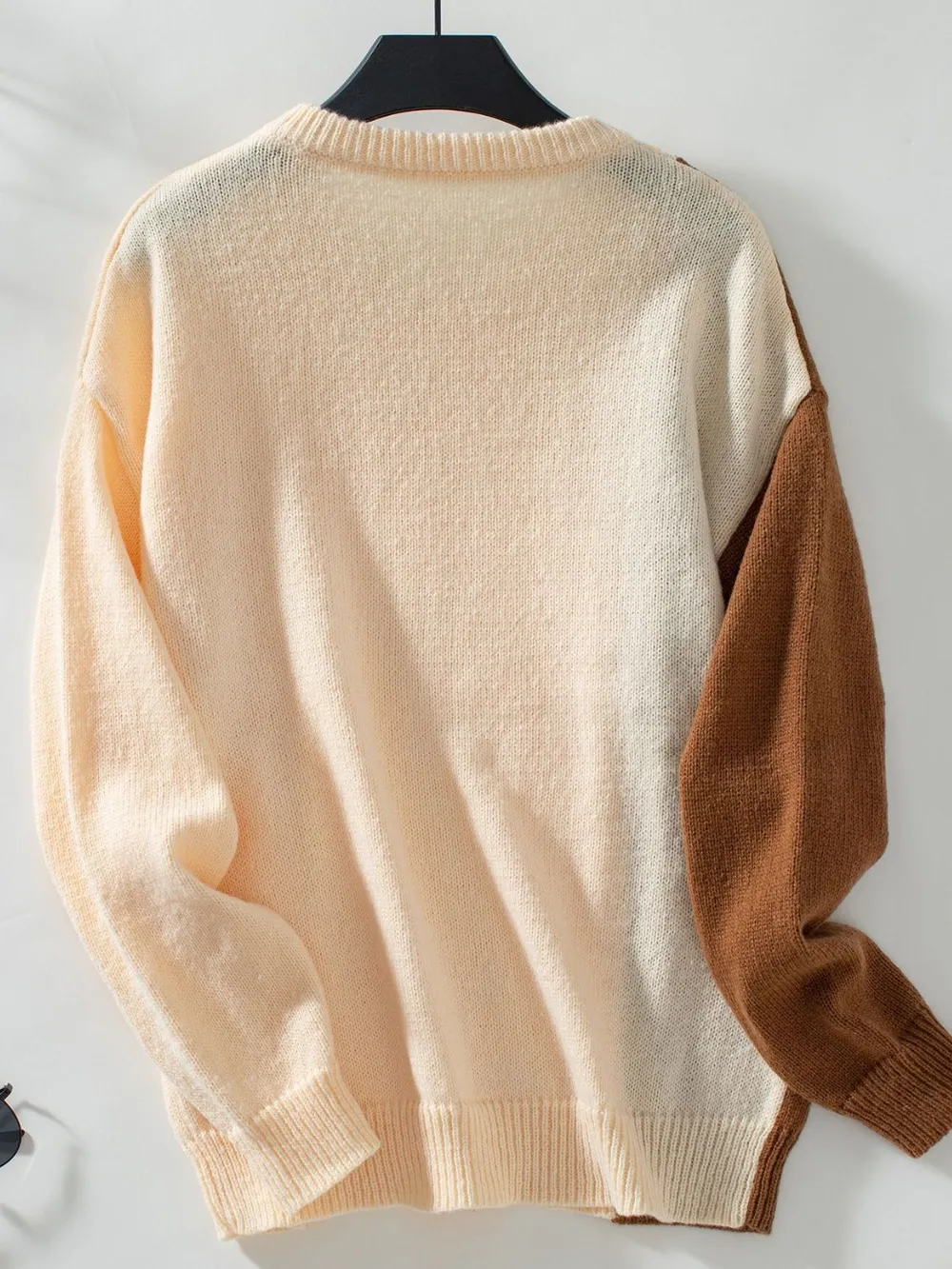 Two Tone Cable Knit Round Neck Long Sleeve Sweater, image 7