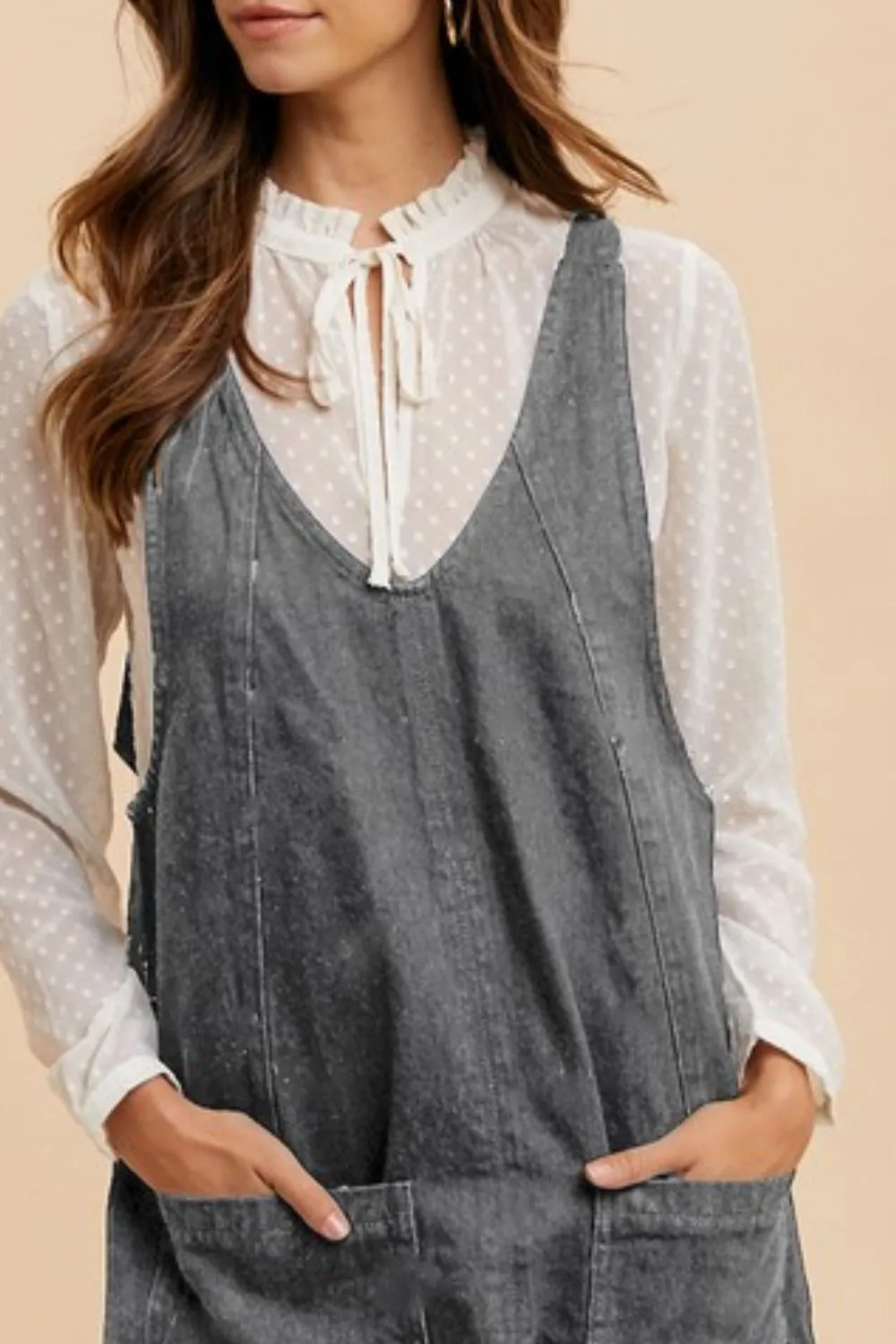 V-Neck Adjustable Strap Denim Overall Dress with Pockets, image 3