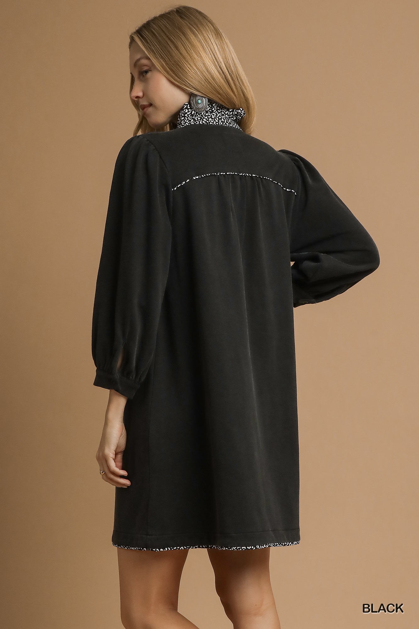 French Terry Balloon Sleeve Shift Dress with Leopard Print Detail, image 5