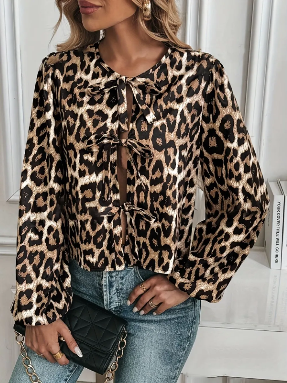 Tied Leopard Round Neck Long Sleeve Top, image 3