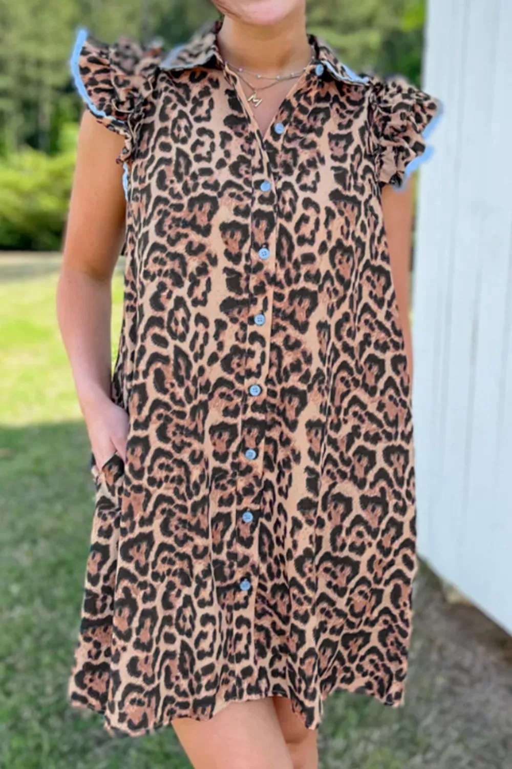 Leopard Print Lace Trim Shirt Collar Button Down Loose Mini Dress, image 2