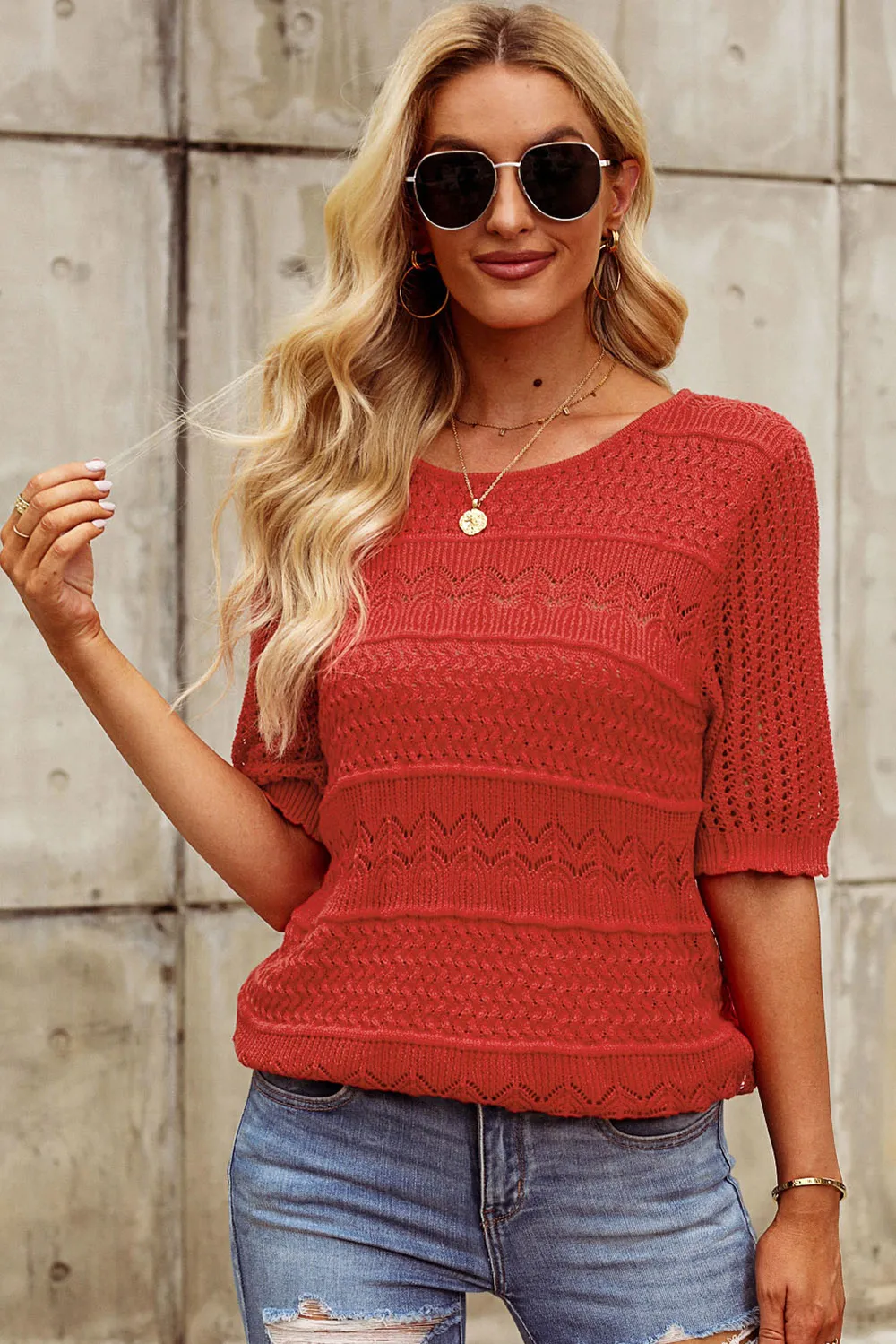 Openwork Round Neck Half Sleeve Knit Top, image 3