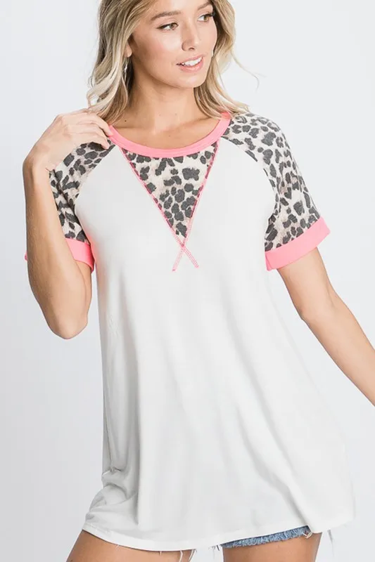 Full Size Leopard Round Neck Short Sleeve T-Shirt with Stitch Plus Size, image 8