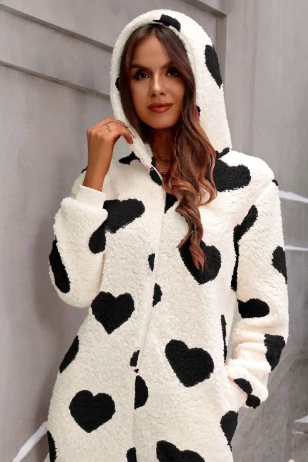 Fuzzy Heart Zip Up Hooded Lounge Jumpsuit, image 6