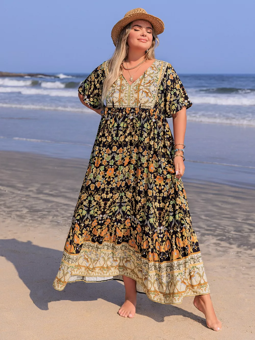 Plus Size Bohemian Floral Tiered Maxi Dress, image 4